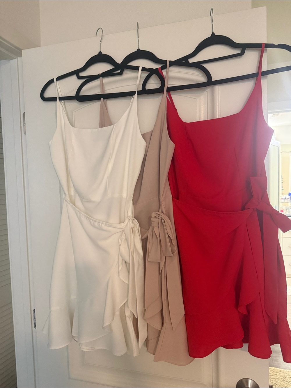 Women's Spaghetti Strap Tie-Waist Ruffle Dress - Red, Beige, White bundle of 3